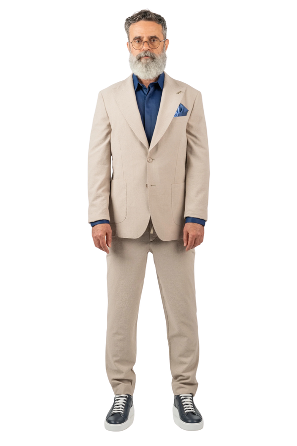 Costum Bărbați Crem Creponat din Țesătură Tehnică