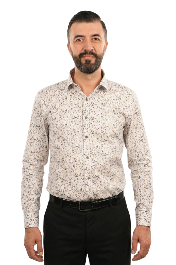 Cămașă Bărbați Albă cu Imprimeu Frunze – 95% Bumbac
