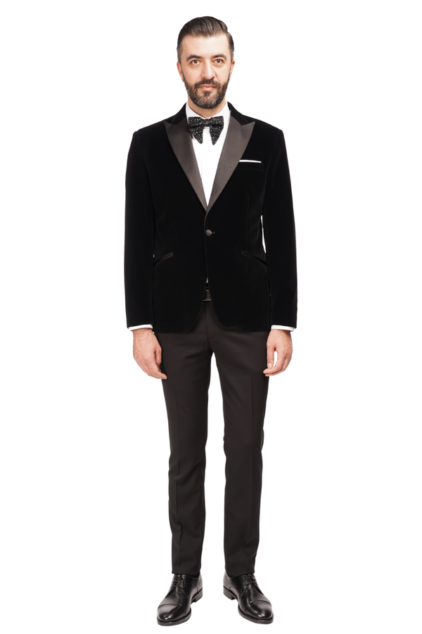 Smoking cu Sacou din Catifea Neagră și Pantaloni Negri 6AM309