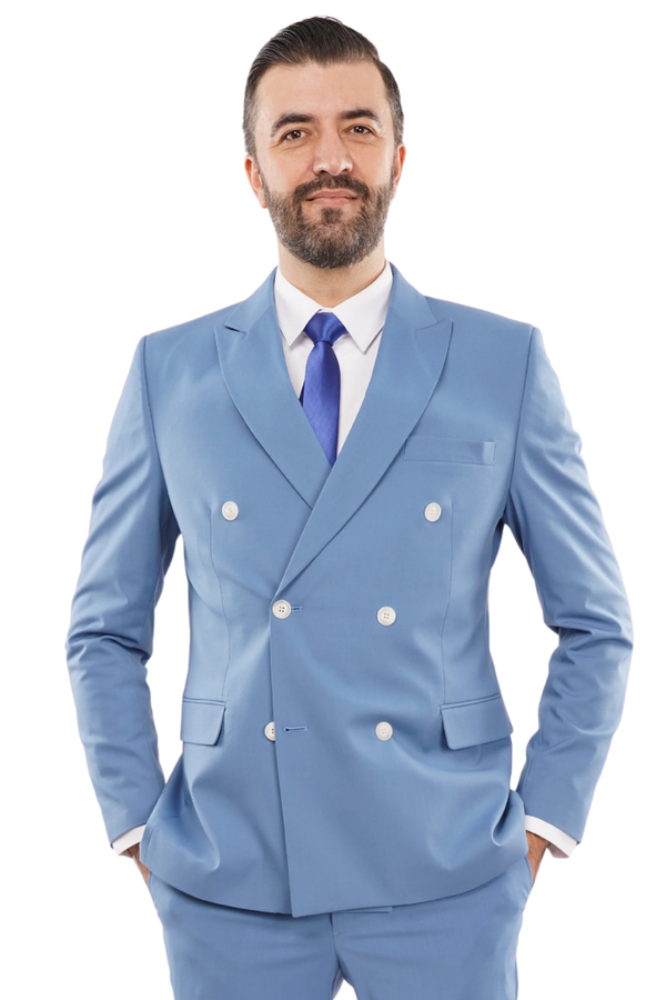 Costum Bărbați Albastru la Două Rânduri de Nasturi din Lână