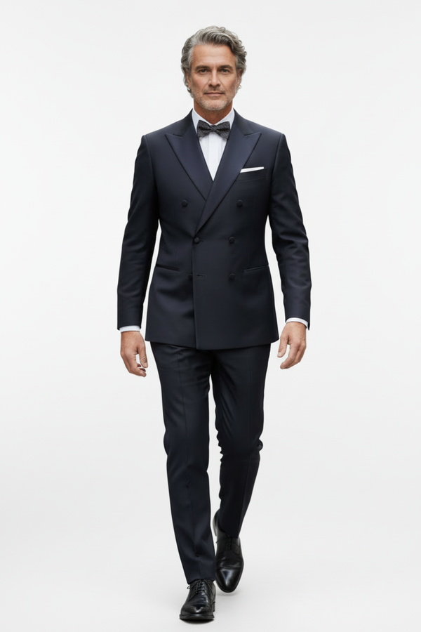 Smoking la Două Rânduri de Nasturi din Lână Premium Extrafină - Bleumarin 6AM1009342