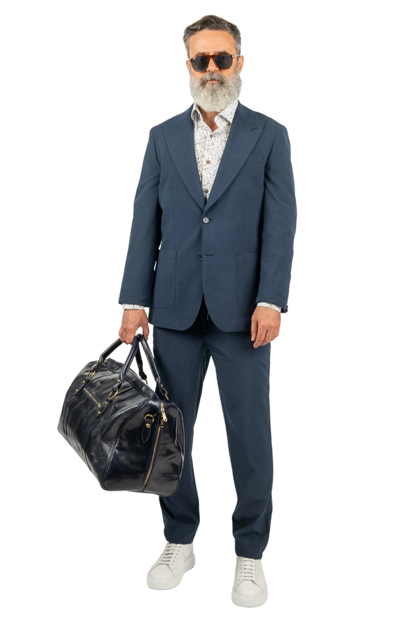 Costum Bărbați Bleu Creponat Elegant din Material Tehnic