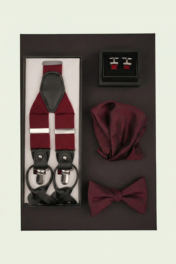 Cutie Cadou Bărbați Papion, Batistă, Butoni și Bretele 6AM5013