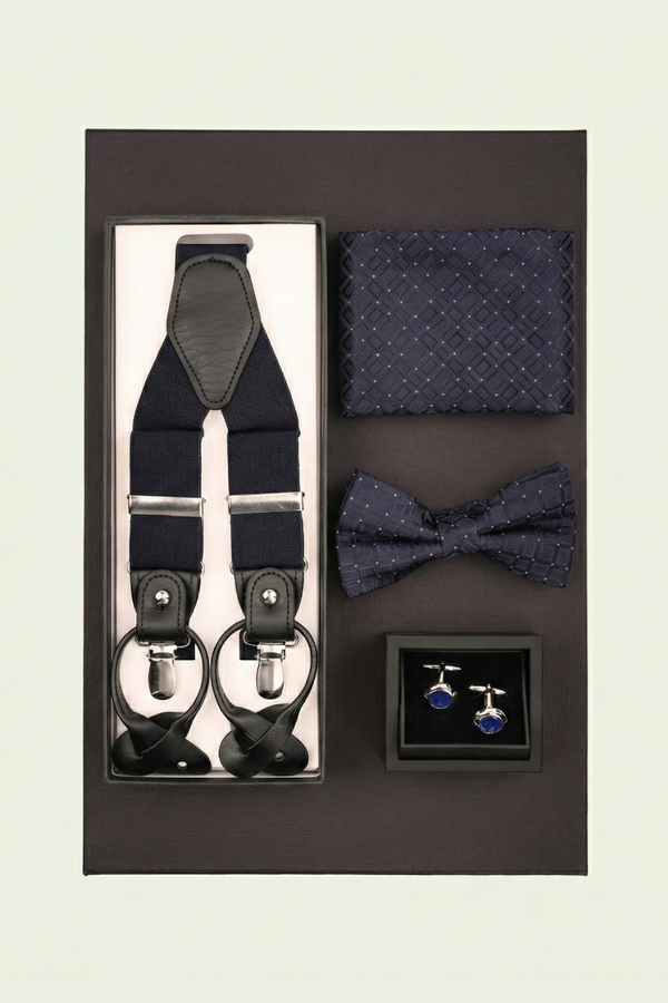 Cutie Cadou Bărbați Papion, Batistă, Butoni și Bretele 6AM5008