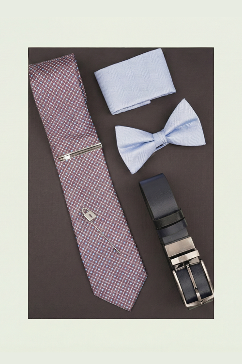 Cutie Cadou Bărbați Cravată, Ac de Cravată, Batistă, Papion, Curea din Piele Naturală și Broșă 6AM5020