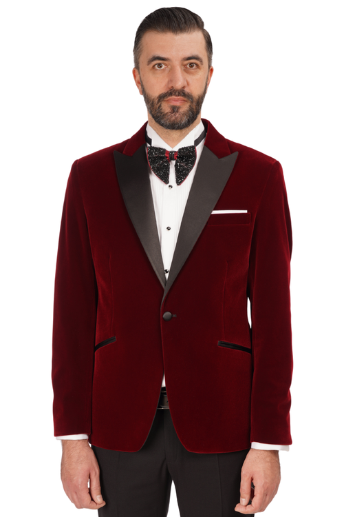 Smoking cu Sacou din Catifea Bordo și Pantaloni Negri 6AM312