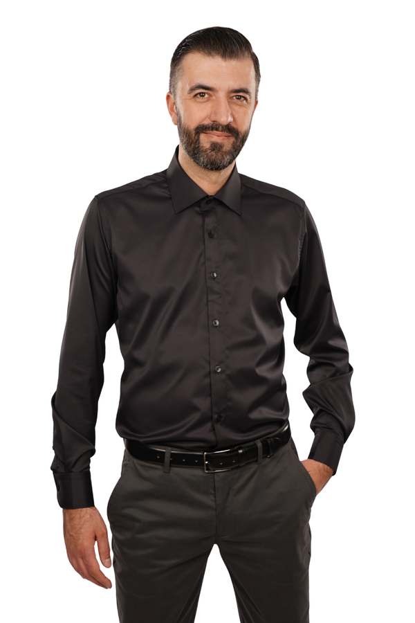 Cămașă Bărbați Neagră Uni – 100% Bumbac Elastic Superfin