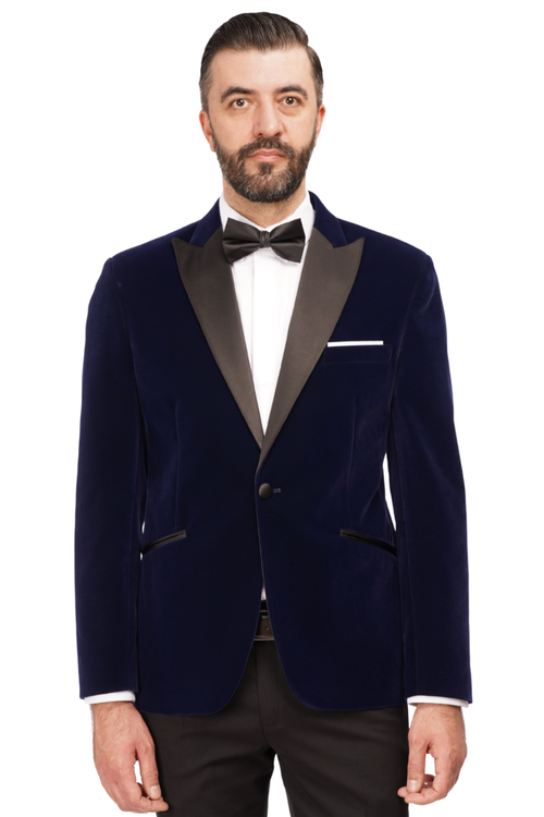 Smoking cu Sacou din Catifea Bleumarin și Pantaloni Negri 6AM310