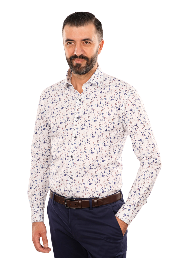 Cămașă Bărbați Albă cu Imprimeu Frunze Albastre – 95% Bumbac