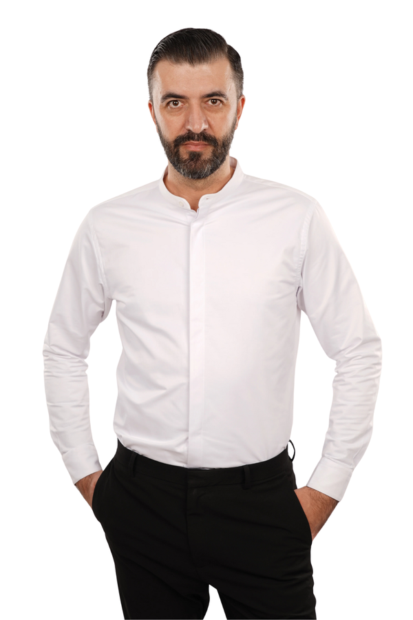 Cămașă Bărbați Albă cu Guler Tunică – 97% Bumbac