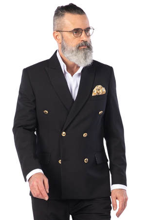 Costum Bărbați Negru Texturat la Două Rânduri de Nasturi Aurii