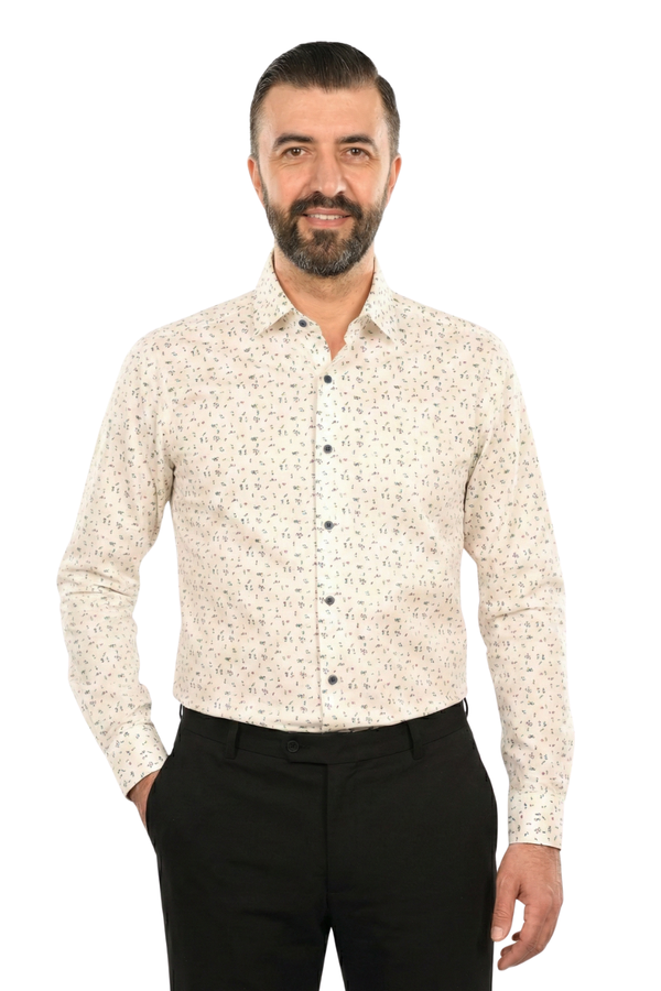 Cămașă Bărbați Albă cu Imprimeu Frunze – 95% Bumbac