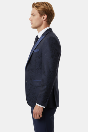 Costum Clasic în Trei Piese Brocard Bleumarin 6AM616