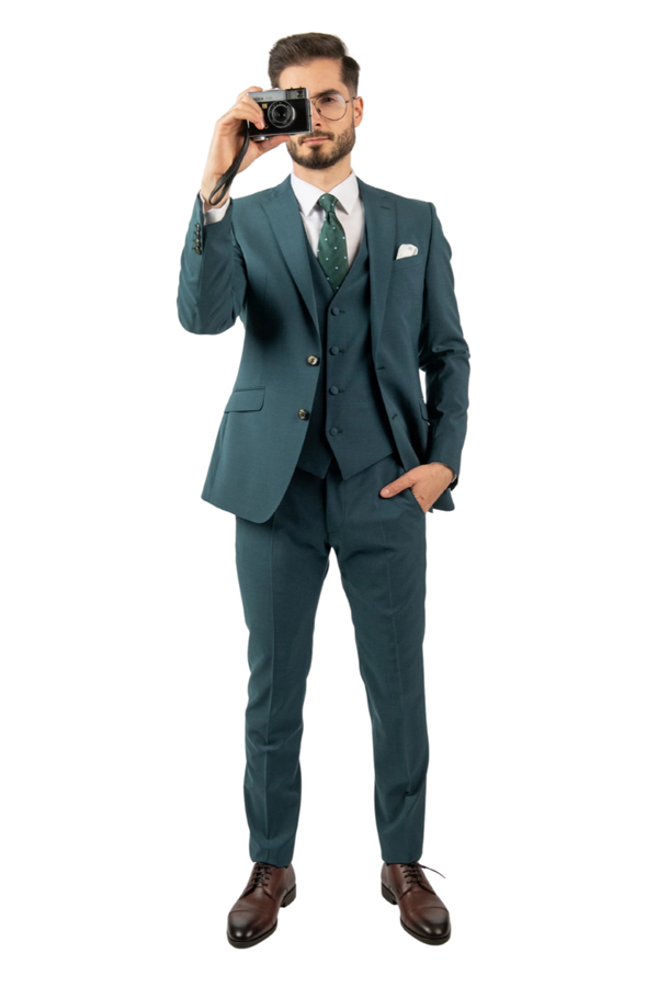 Costum Bărbați Turquoise Premium din Lână în Trei Piese