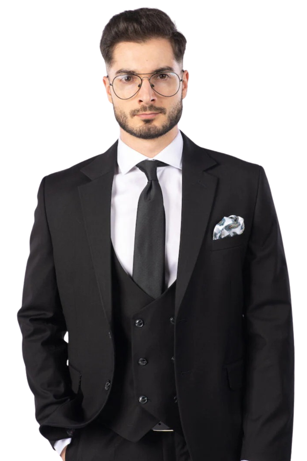 Costum Bărbați Negru Clasic din Lână Fină cu Vestă