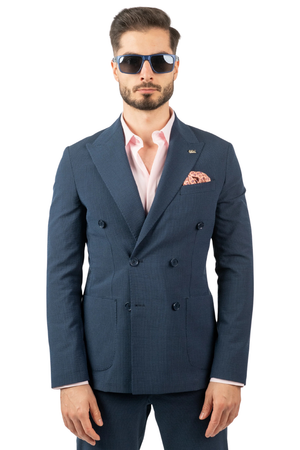 Costum Bărbați Bleumarin din Material Tehnic la Două Rânduri de Nasturi