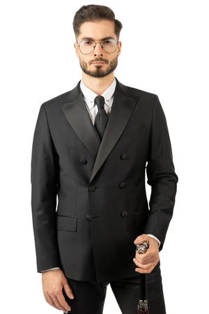 Costum Bărbați Negru de Ceremonie la Două Rânduri de Nasturi