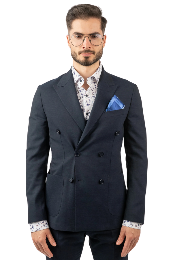 Costum Bărbați Bleumarin Texturat din Material Tehnic la Două Rânduri de Nasturi