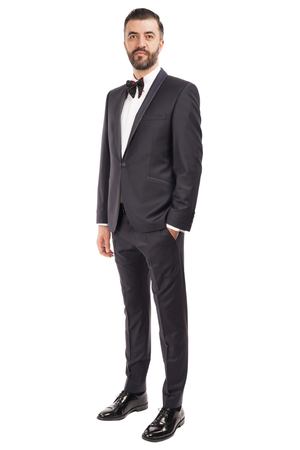 Smoking din Lână Premium Extrafină cu Rever Satinat - Bleumarin 6AM1009342