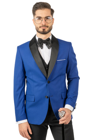 Costum Bărbați Albastru de Ceremonie cu Rever Detașabil Negru în Trei Piese