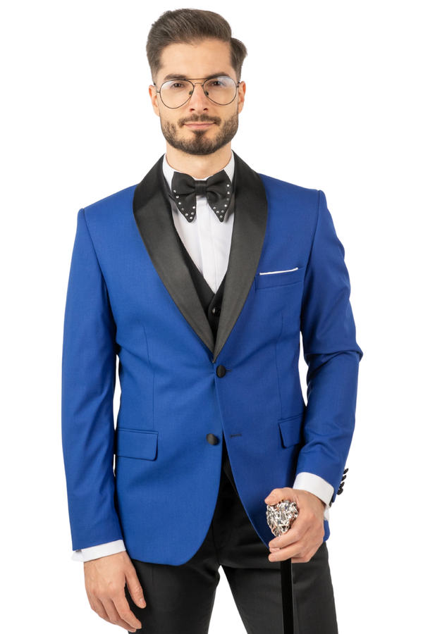 Costum Bărbați Albastru de Ceremonie cu Rever Detașabil Negru în Trei Piese