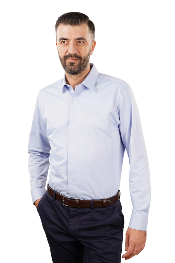 Cămașă Bărbați Albastră din Bumbac cu Nasturi Acoperiți Slim Fit