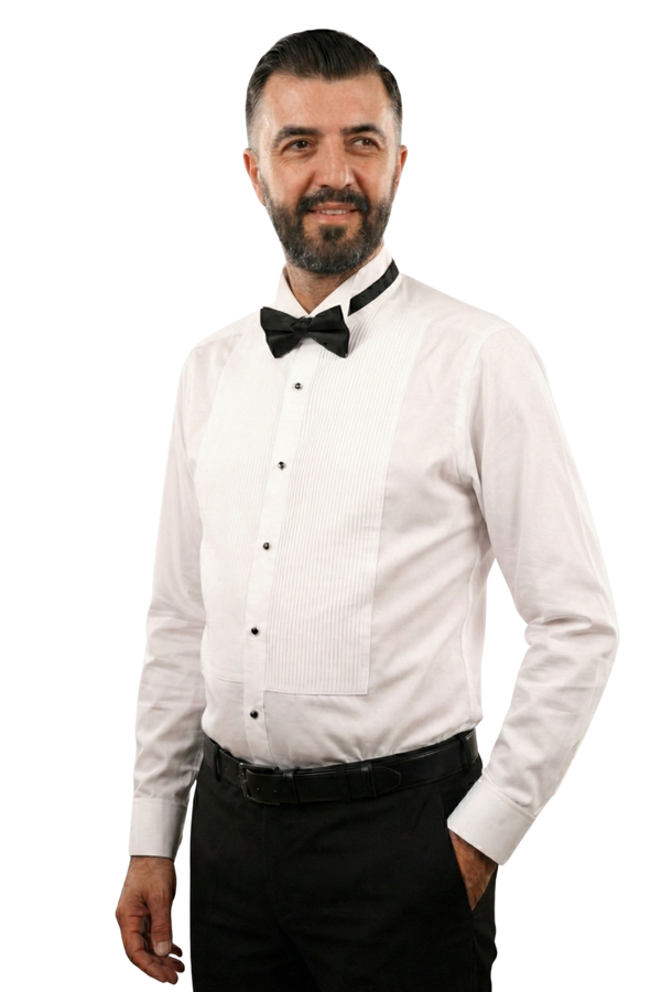 Cămașă Bărbați White Tie cu Guler Rândunică și Plastron 6AMCA00001
