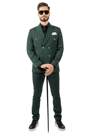 Costum Bărbați Verde cu Dungi Albe la Două Rânduri de Nasturi