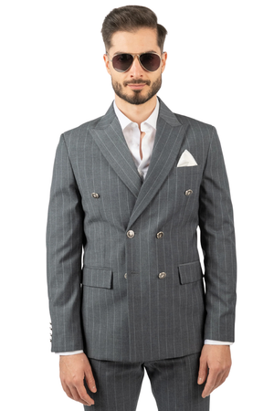 Costum Bărbați Gri cu Dungi Albe la Două Rânduri de Nasturi