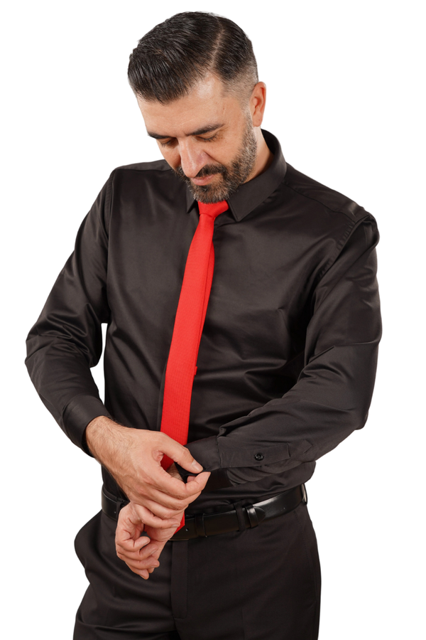 Cămașă Bărbați Neagră din Bumbac cu Nasturi Acoperiți