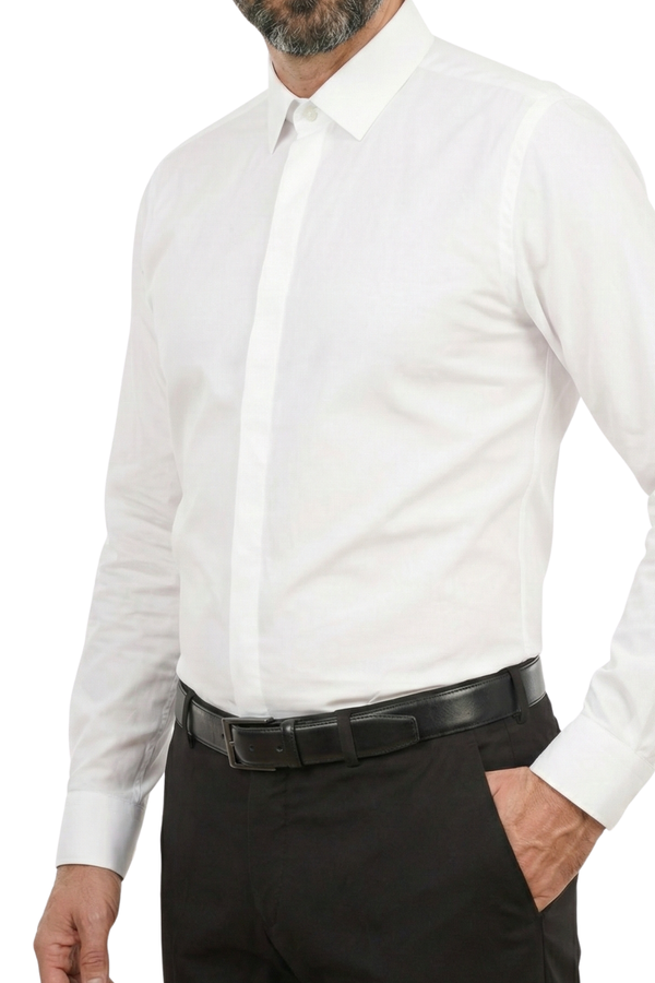 Cămașă Bărbați Albă din Bumbac cu Nasturi Acoperiți