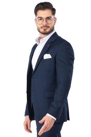 Costum Bărbați Bleumarin Texturat din Lână Fină în Trei Piese