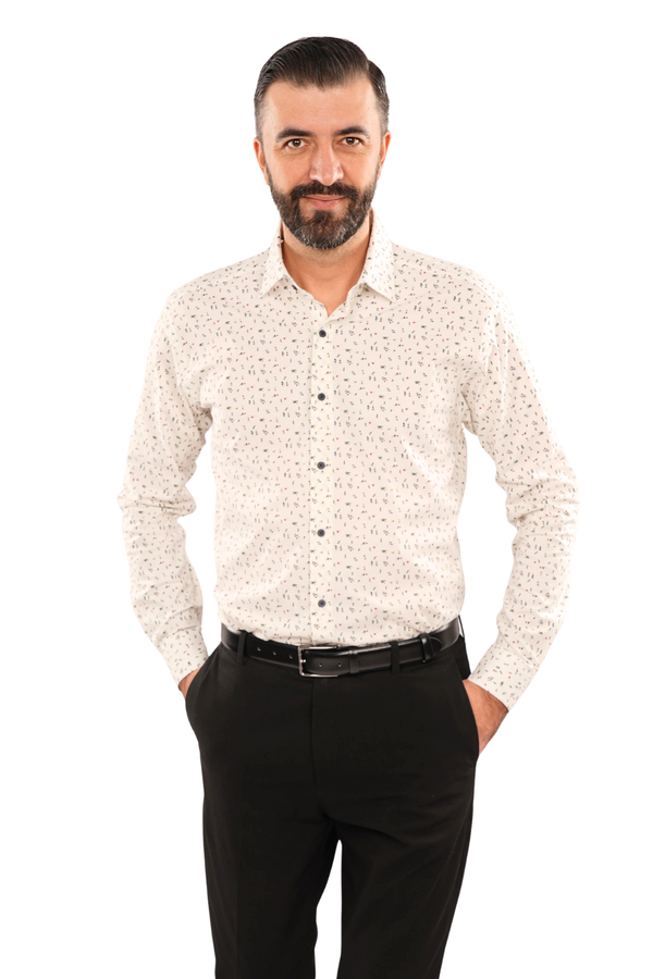 Cămașă Bărbați Albă cu Imprimeu Frunze – 95% Bumbac