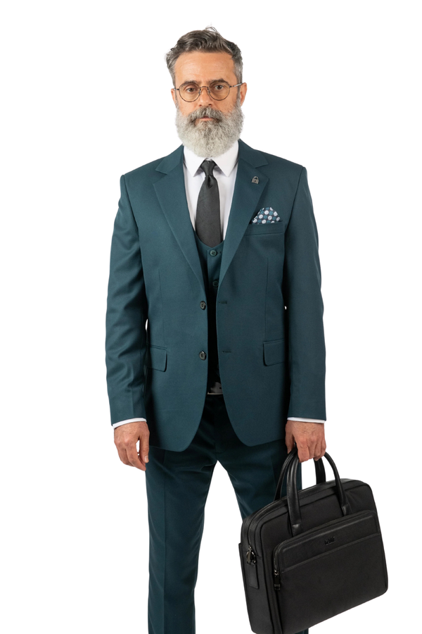 Costum Bărbați Turquoise din Lână în Trei Piese