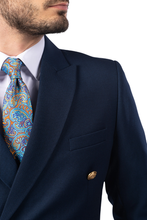 Costum Bărbați Bleumarin Texturat la Două Rânduri de Nasturi Aurii