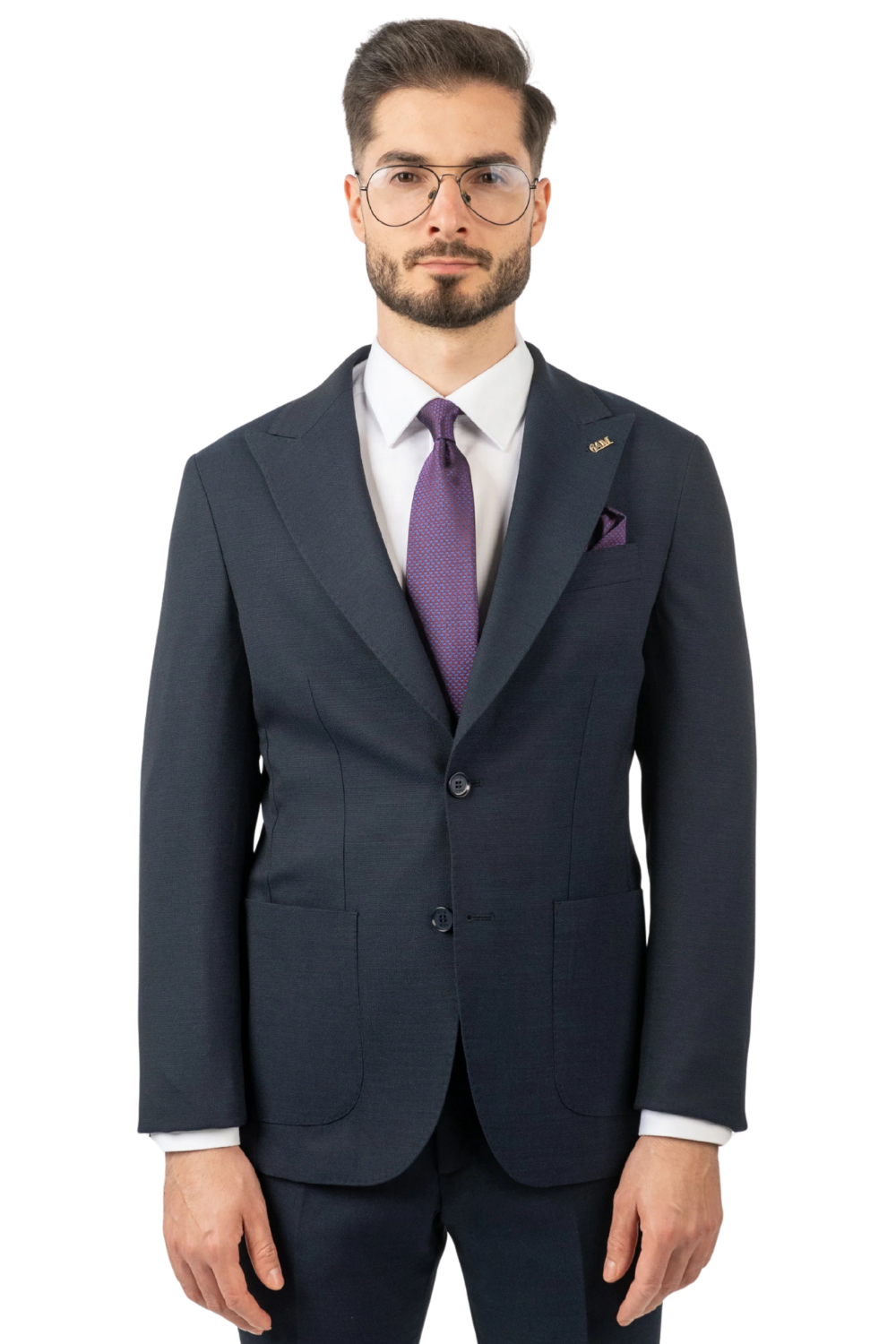 Costum Bărbați Bleumarin Texturat din Material Tehnic fără Căptușeală