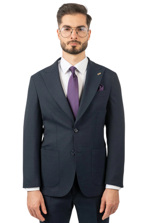 Costum Bărbați Bleumarin Texturat din Material Tehnic fără Căptușeală