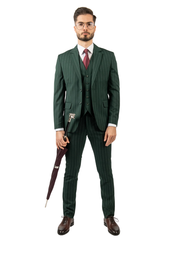 Costum Bărbați Verde cu Dungi din Lână în Trei Piese