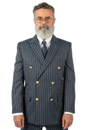 Costum Bărbați Bleumarin-Antracit cu Dungi Albe la Două Rânduri de Nasturi