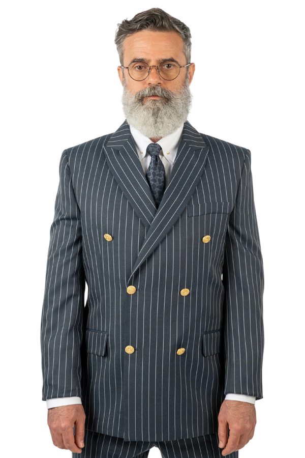 Costum Bărbați Bleumarin-Antracit cu Dungi Albe la Două Rânduri de Nasturi