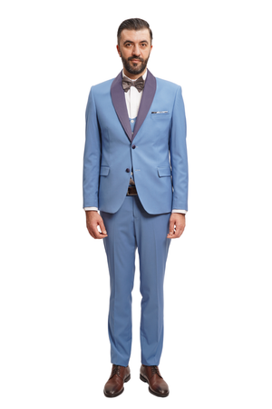 Costum Bărbați Albastru cu Rever Detașabil din Lână în Trei Piese
