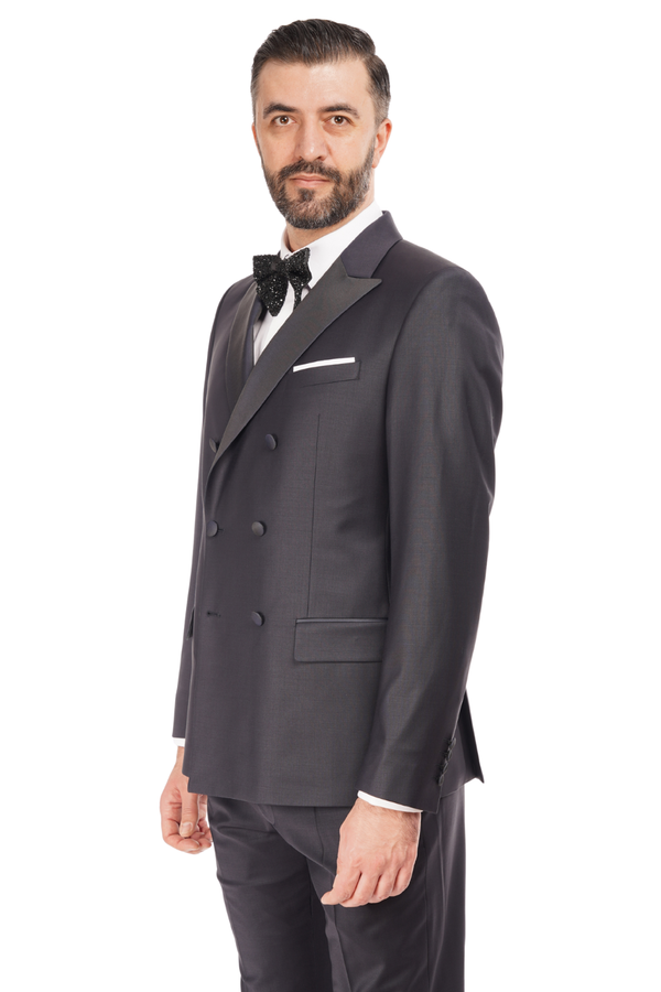 Smoking la Două Rânduri de Nasturi din Lână Premium Extrafină - Bleumarin 6AM1009342