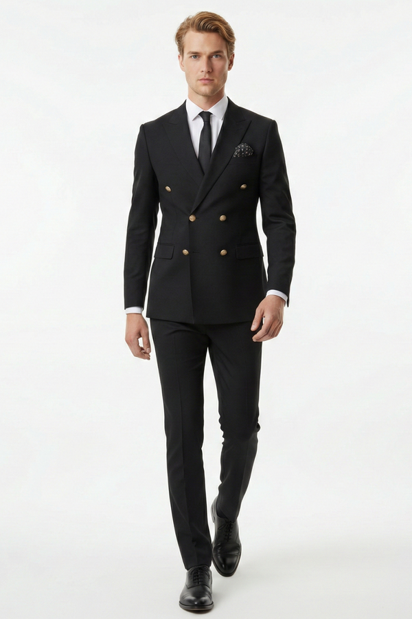 Costum la Două Rânduri de Nasturi - Negru Texturat 6AM101