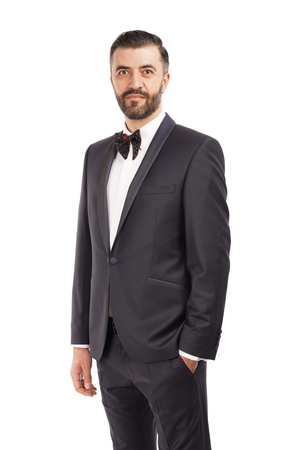 Smoking din Lână Premium Extrafină cu Rever Satinat - Bleumarin 6AM1009342