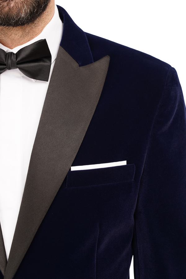 Smoking cu Sacou din Catifea Bleumarin și Pantaloni Negri 6AM310