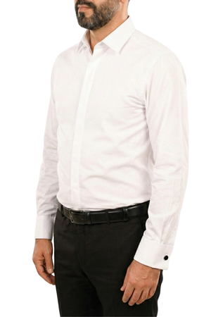 Cămașă Bărbați Albă cu Nasturi Acoperiți și Manșete pentru Butoni