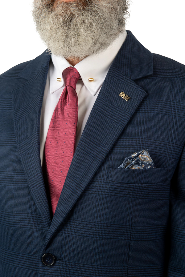 Costum Bărbați Bleumarin cu Carouri Negre din Lână