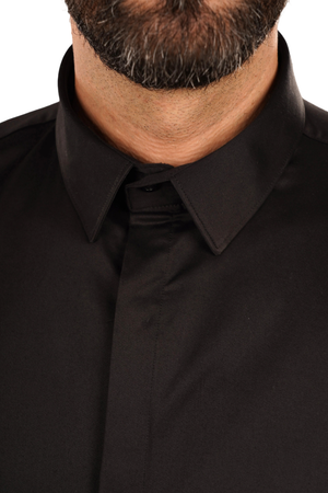 Cămașă Bărbați Neagră din Bumbac cu Nasturi Acoperiți