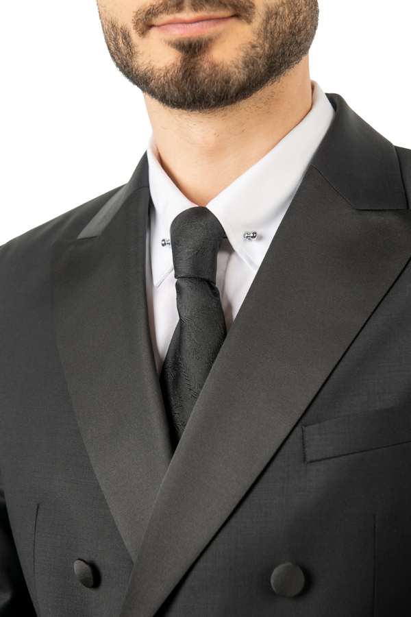 Costum Bărbați Negru de Ceremonie la Două Rânduri de Nasturi