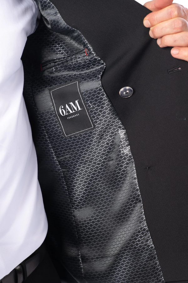 Costum Bărbați Negru Texturat la Două Rânduri de Nasturi Aurii